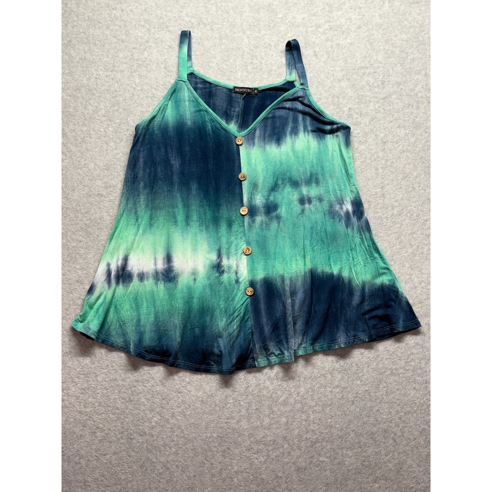 Monnuro Womens 2X Tie Dye Cami Tank Top Green Blue Button Front Rayon Blend